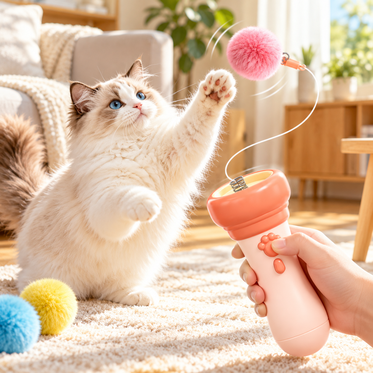 Interactive Cat Teaser Launcher – Retractable Pom-Pom Toy for Cats