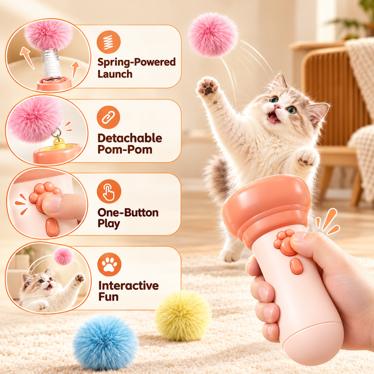 Interactive Cat Teaser Launcher – Retractable Pom-Pom Toy for Cats