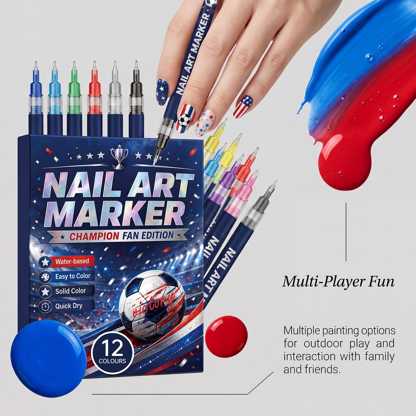 ⚽ Game Day Nail Art Marker Set – 12 Vibrant Colors for Eye-Catching Fan Nails 🏆