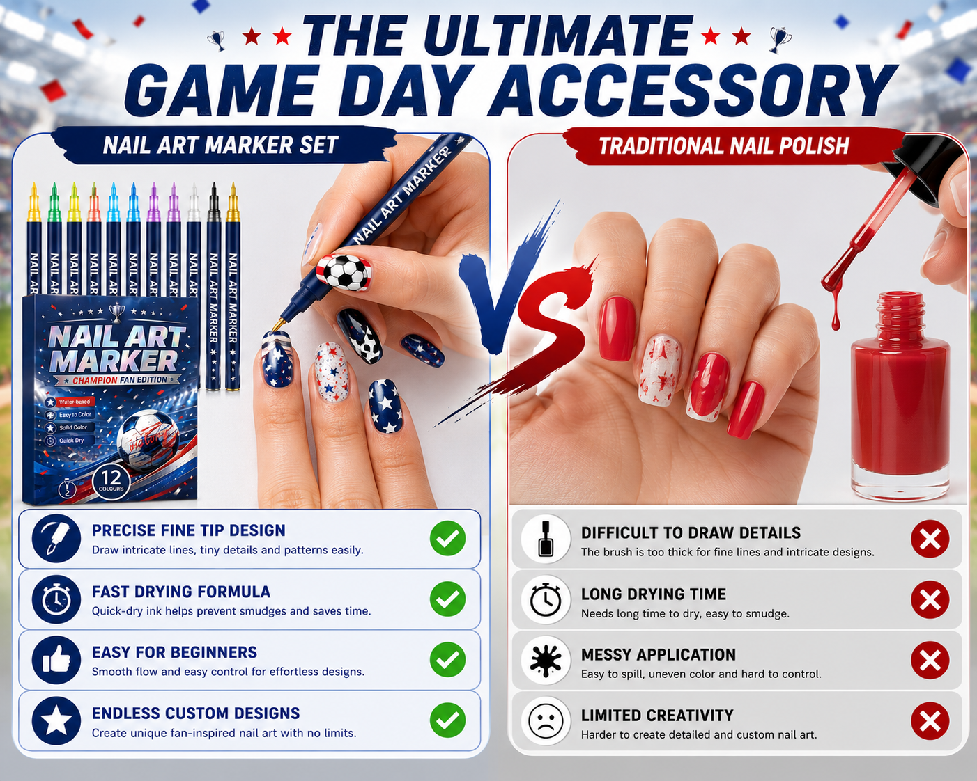 ⚽ Game Day Nail Art Marker Set – 12 Vibrant Colors for Eye-Catching Fan Nails 🏆