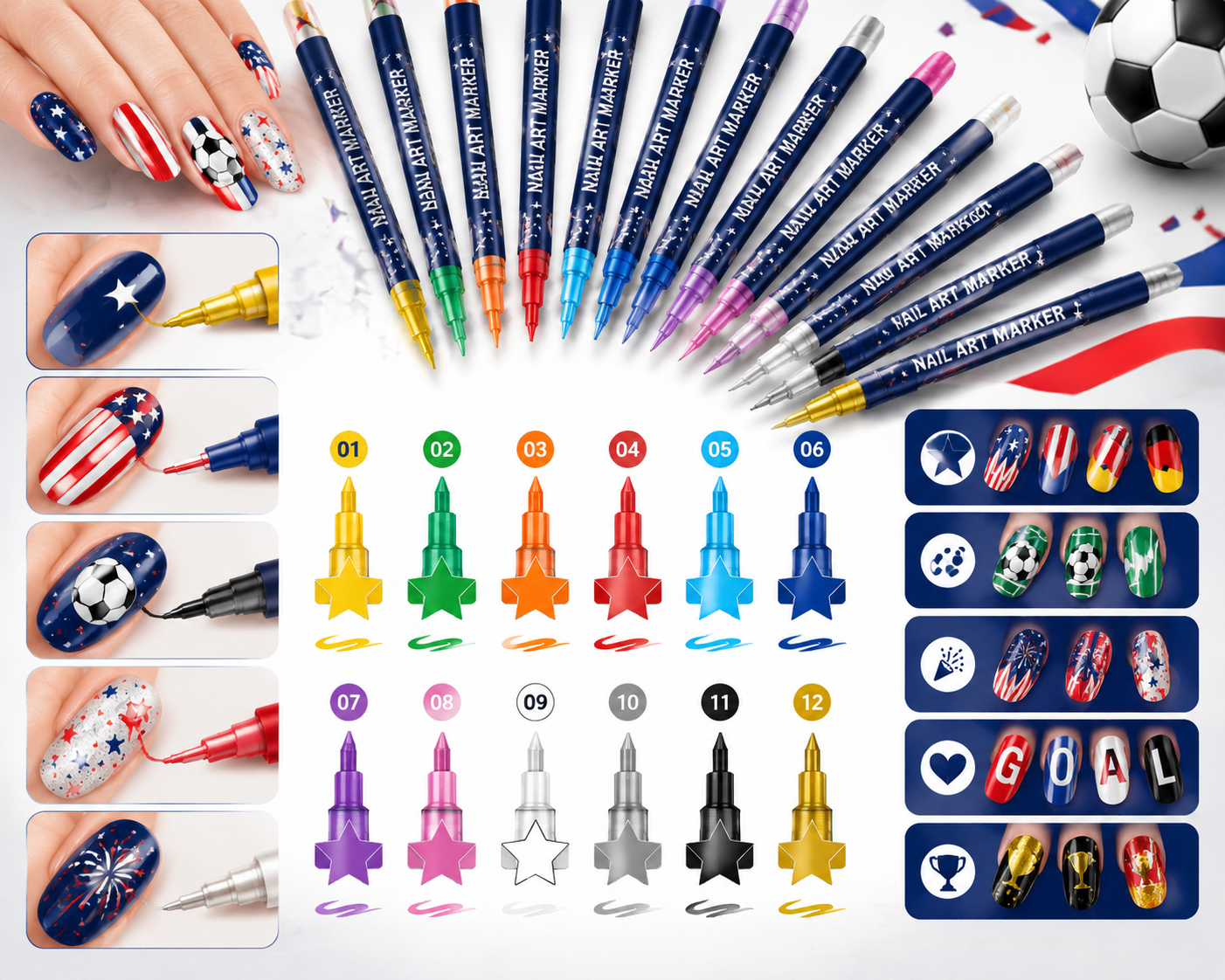 ⚽ Game Day Nail Art Marker Set – 12 Vibrant Colors for Eye-Catching Fan Nails 🏆